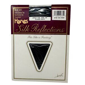 Hanes Silk Reflections Control Top Reinforced Toe Pantyhose Sz AB Classic Navy